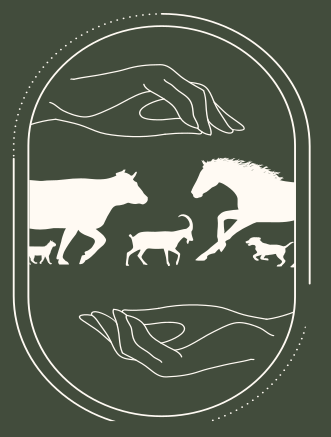 logo Zoé Gorli ostéopathe animalier comprenant un cheval, un vache, un petit chien, un chat et un chevre. Le tout encadré par deux mains au dessus et en dessous