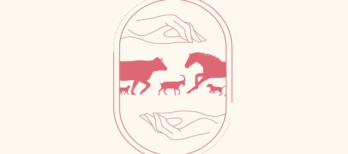 logo rose Zoé Gorli ostéopathe animalier comprenant un cheval, un vache, un petit chien, un chat et un chevre. Le tout encadré par deux mains au dessus et en dessous