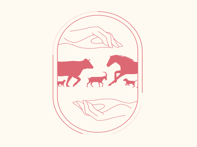 logo rose Zoé Gorli ostéopathe animalier comprenant un cheval, un vache, un petit chien, un chat et un chevre. Le tout encadré par deux mains au dessus et en dessous